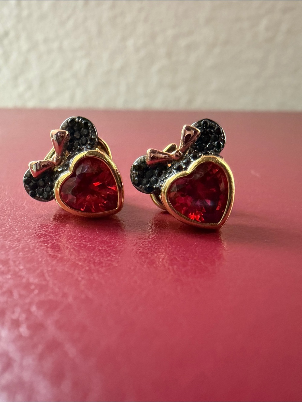 Kate Spade x Disney Minnie Mouse Red Heart & Black Crystal Bow Stud Earrings